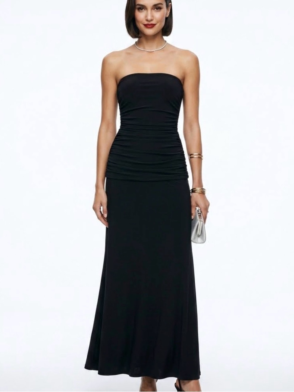 Newport News Black Strapless Ruched Maxi Dress Formal Evening Gown chic 1730